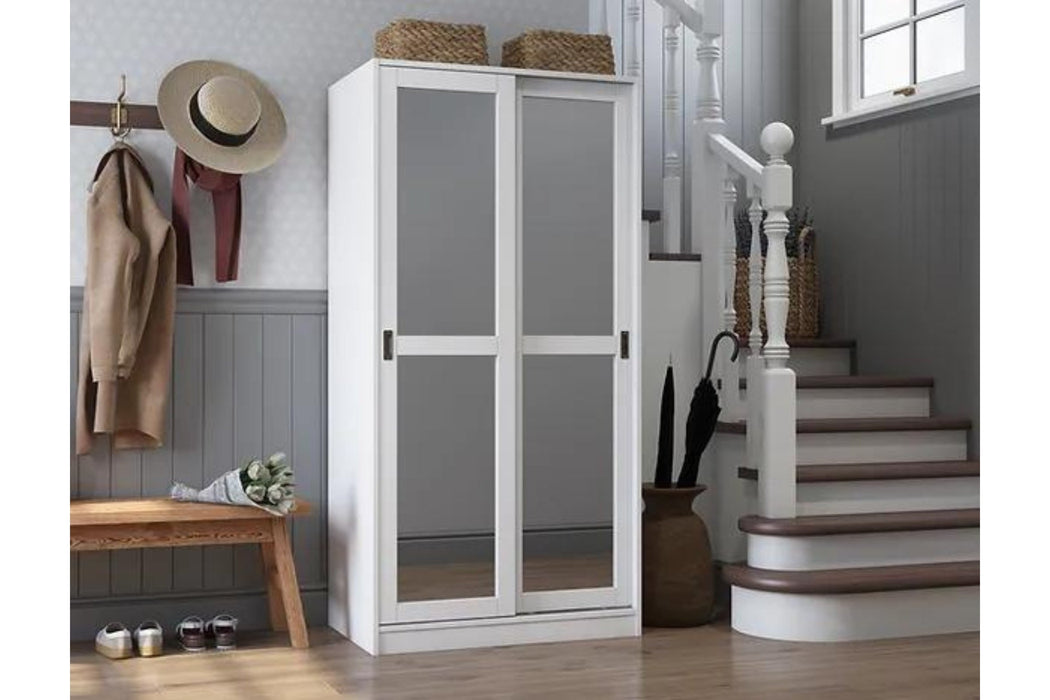 5666M - 100% Solid Wood 2-Sliding Door Wardrobe Armoire, Mirrored Doors With Optional Shelves