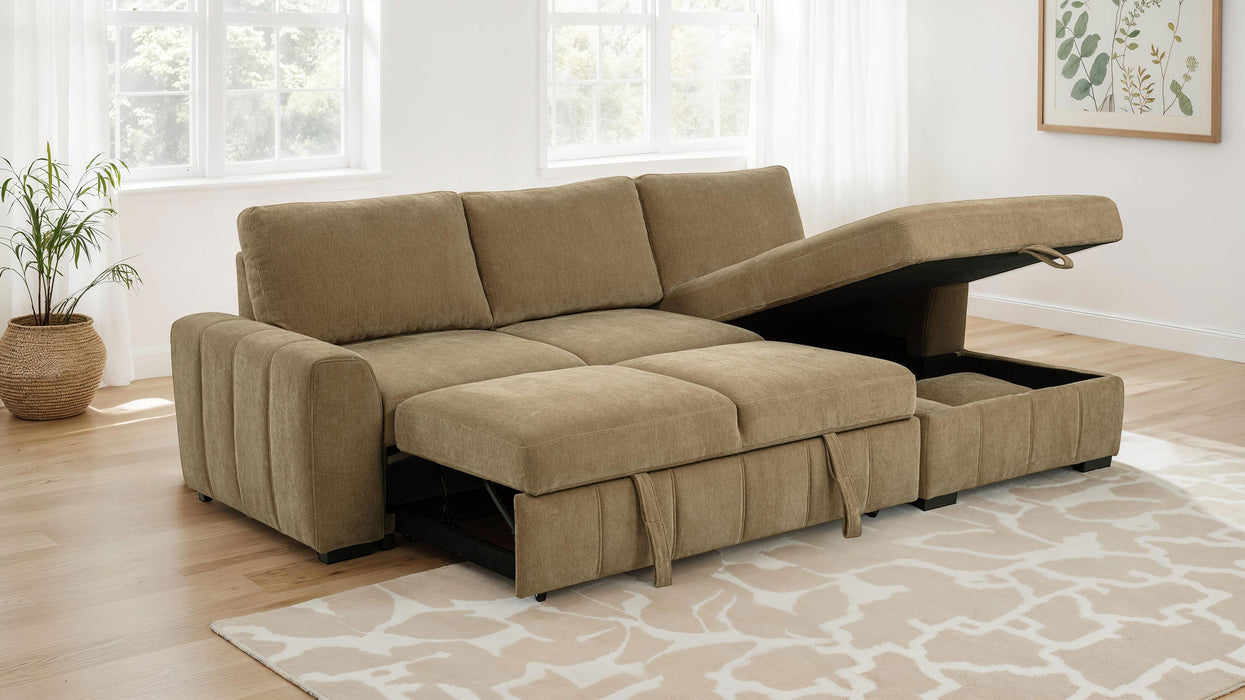 Sofá seccional Pastrana tapizado con cama, chaise longue a la derecha, gris
