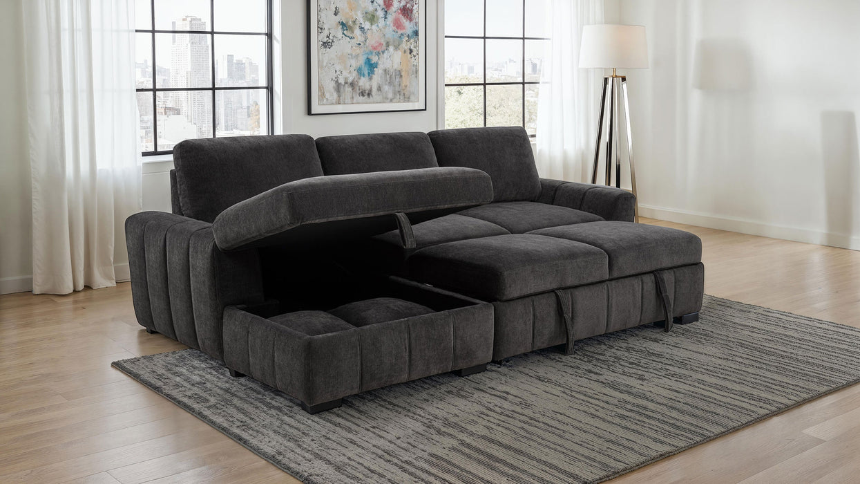 Sofá seccional cama tapizado Pastrana con chaise longue a la izquierda, color camello