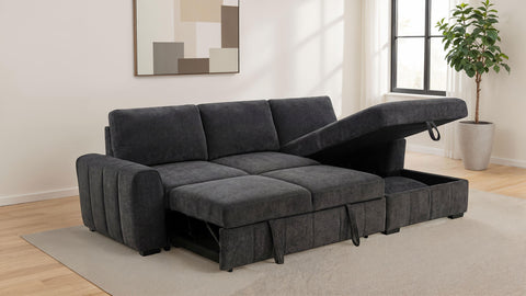Sofá seccional Pastrana tapizado con cama, chaise longue a la derecha, gris