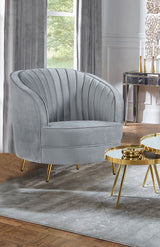 Sillón decorativo de barril tapizado con capitoné de canales modelo Sophia, gris