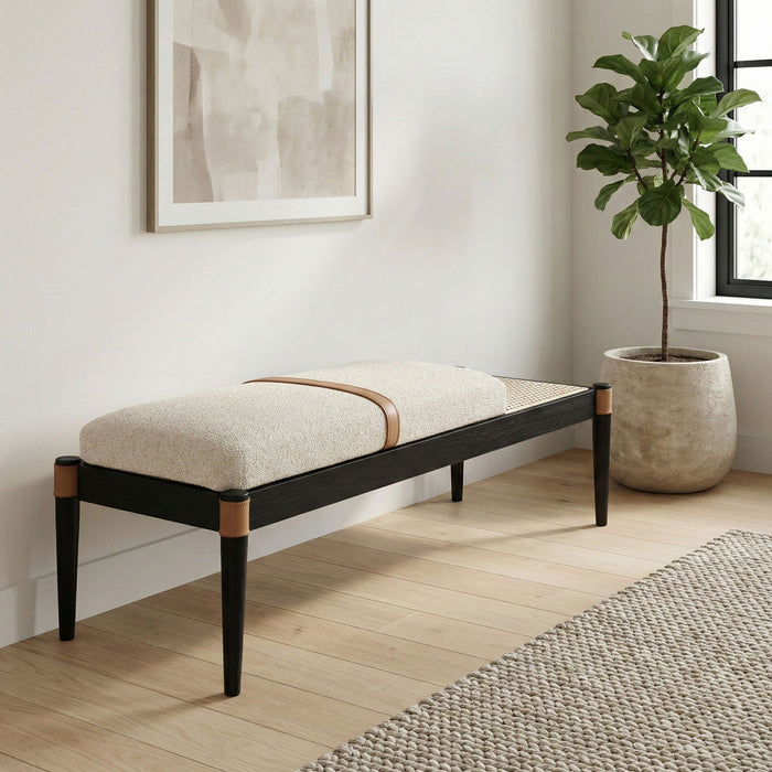 Nara Cane And Linen Textured Fabric Upholstered Bench