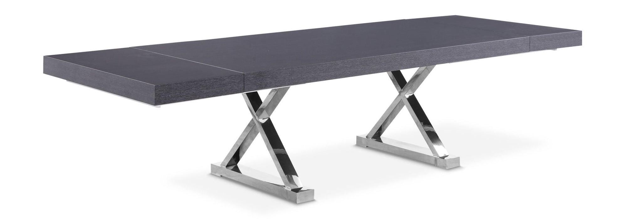 Excel 84" / 103.75" / 1123.5" Lacquer Finish Top And Stainless Steel Base 2 Leaf Extendable Dining Table