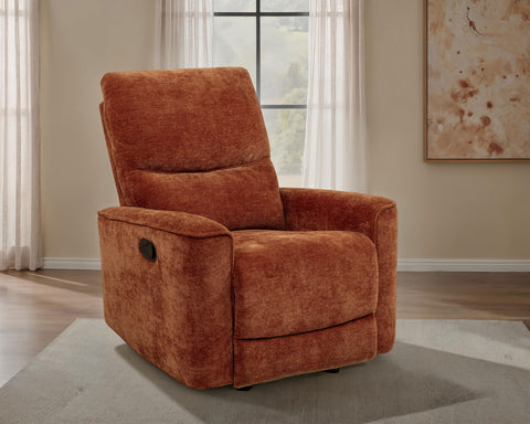 Sillón reclinable y mecedora tapizado en felpilla Navarro, color naranja quemado
