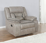 Sillón reclinable mecedor giratorio tapizado Greer, color topo