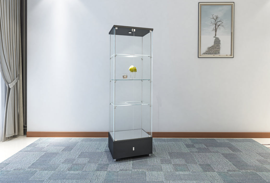Contemporary Glass Curio w/ Shelves, Drawer & LED Lights 6628-CUR-BLK