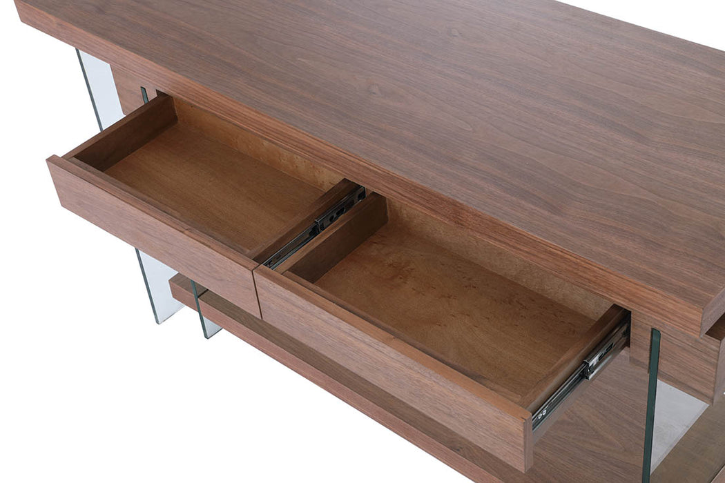 Modern Rotatable Glass & Wooden Desk w/ Drawers & Shelf 6920-DSK-WAL