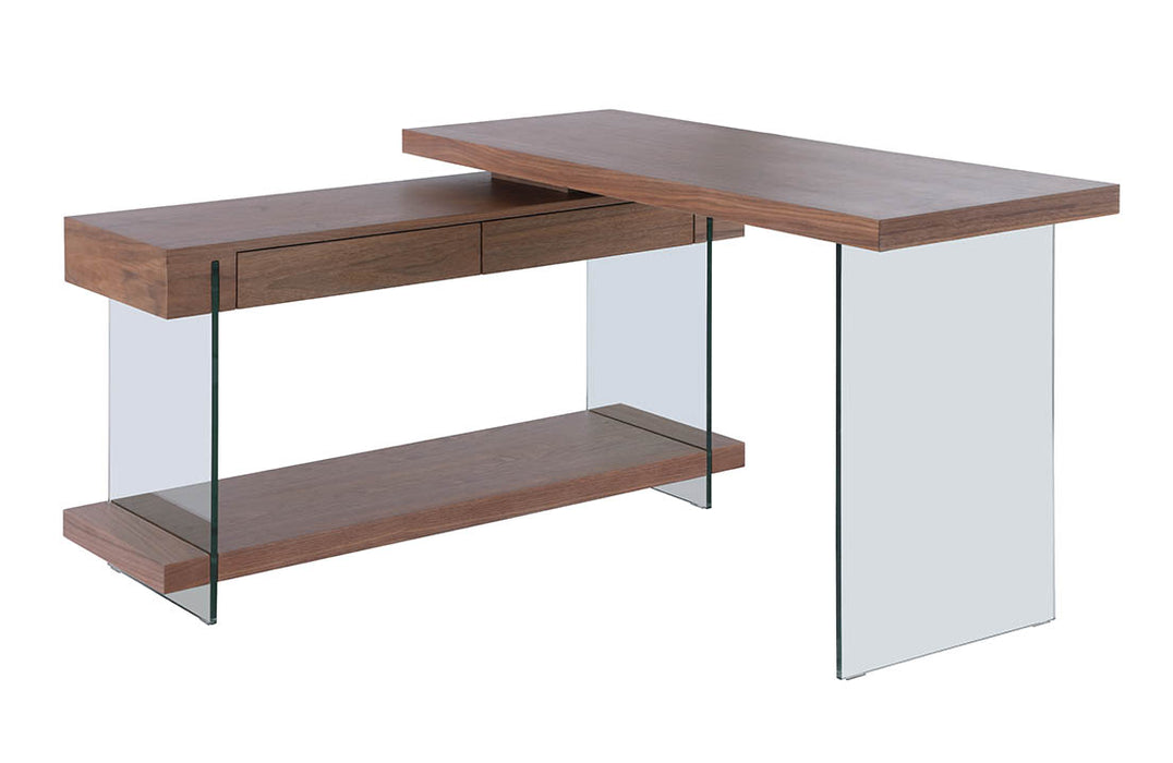 Modern Rotatable Glass & Wooden Desk w/ Drawers & Shelf
