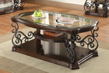 Mesa de centro rectangular Laney con tapa de vidrio y 1 estante, color Merlot intenso