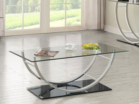 Mesa de centro rectangular en forma de U con tapa de vidrio y estructura cromada Danville