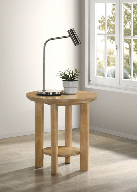 Mesa auxiliar redonda de madera Ottowa con estante, roble claro