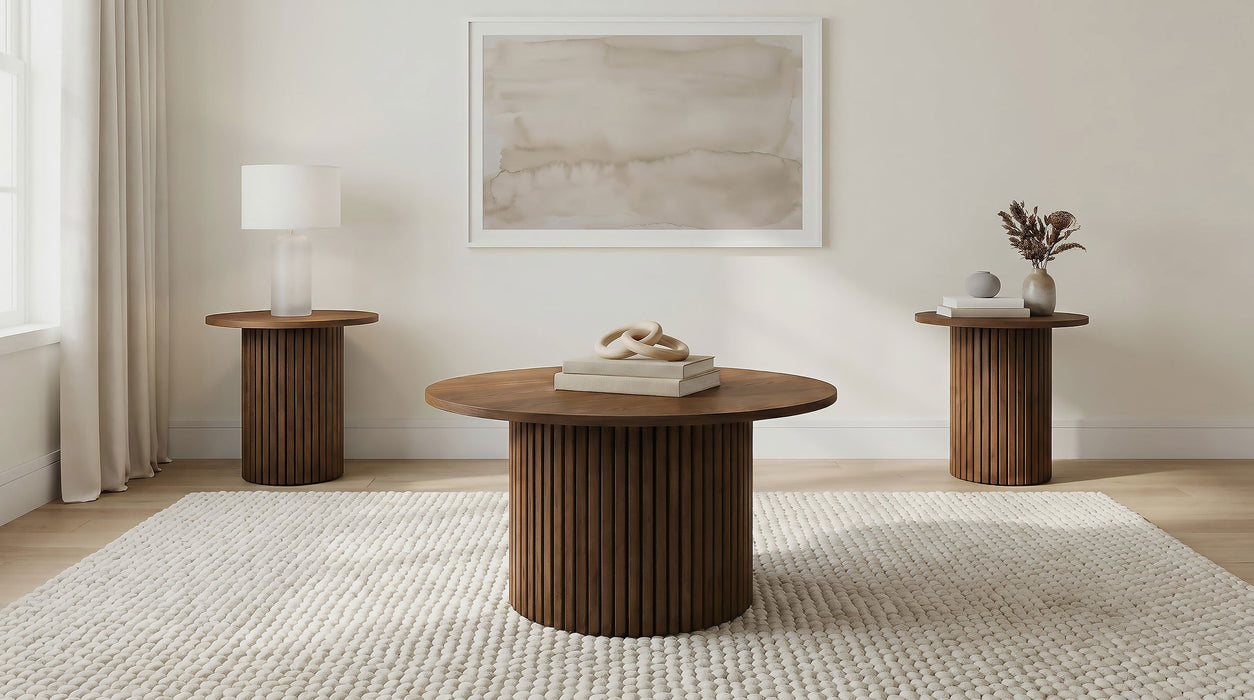 Hamlyn 3-piece Round Fluted Coffee and End Table Set Natural Oak