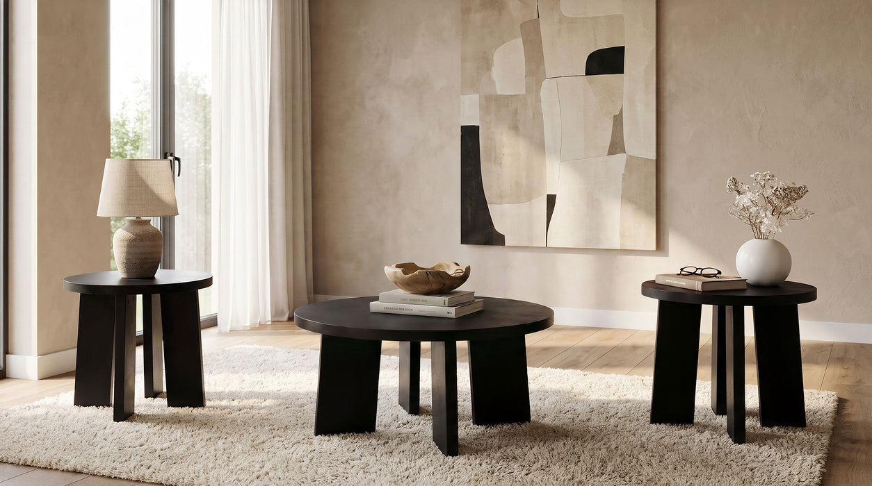 Strouse 3-Piece Round Coffee and End Table Set in Natural Oak