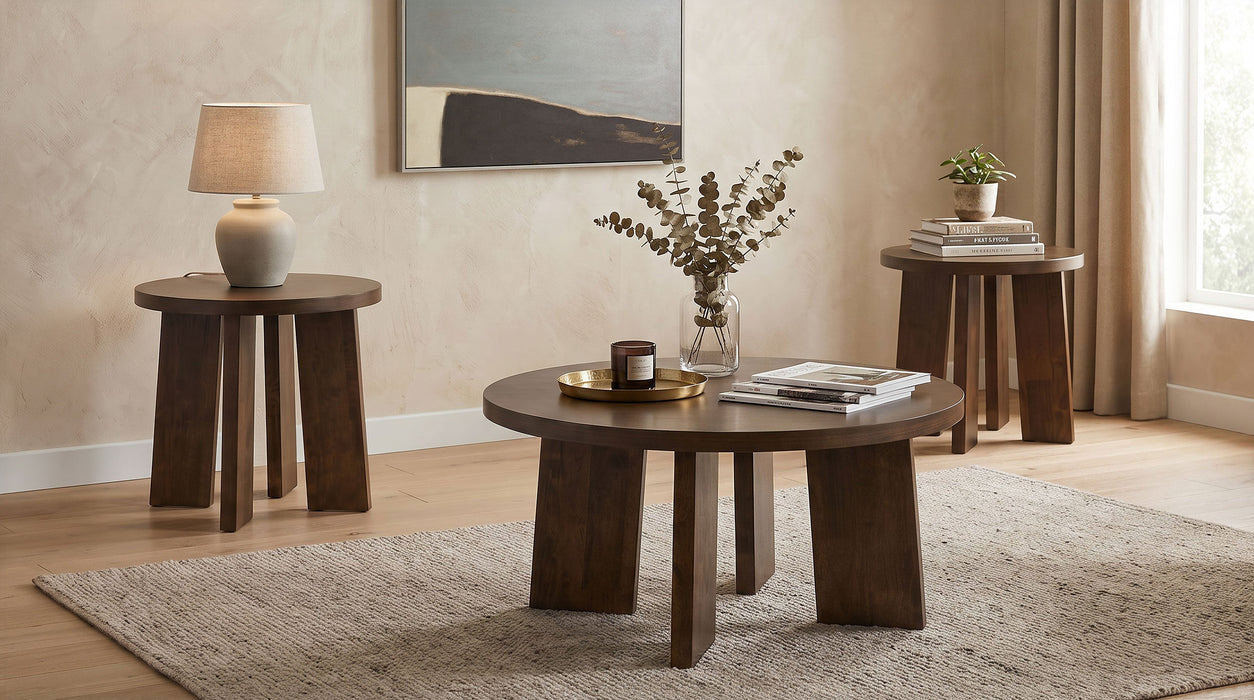 Strouse 3-Piece Round Coffee and End Table Set in Natural Oak