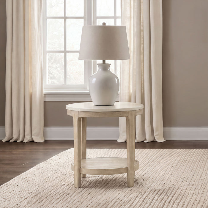 Lucaire Round Cultured Marble Top End Table Honed Cream and Sandstone