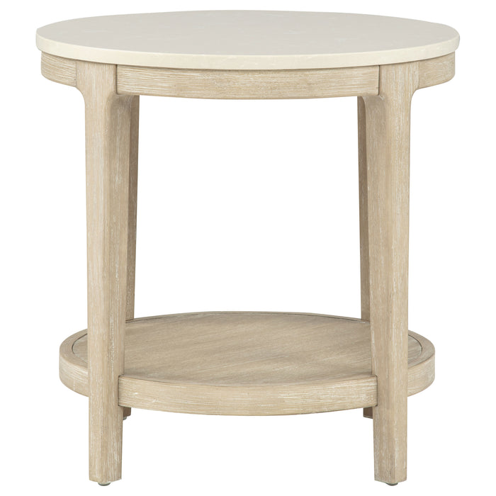 Lucaire Round Cultured Marble Top End Table Honed Cream and Sandstone