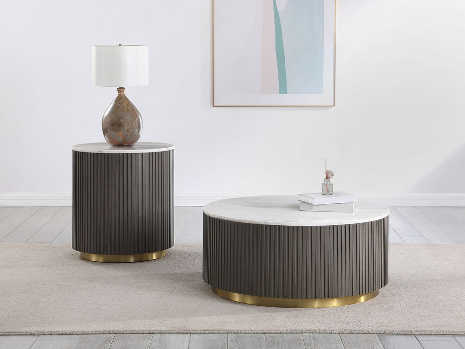 Jason 2-piece Round White Marble Coffee Table Set Honey Brown