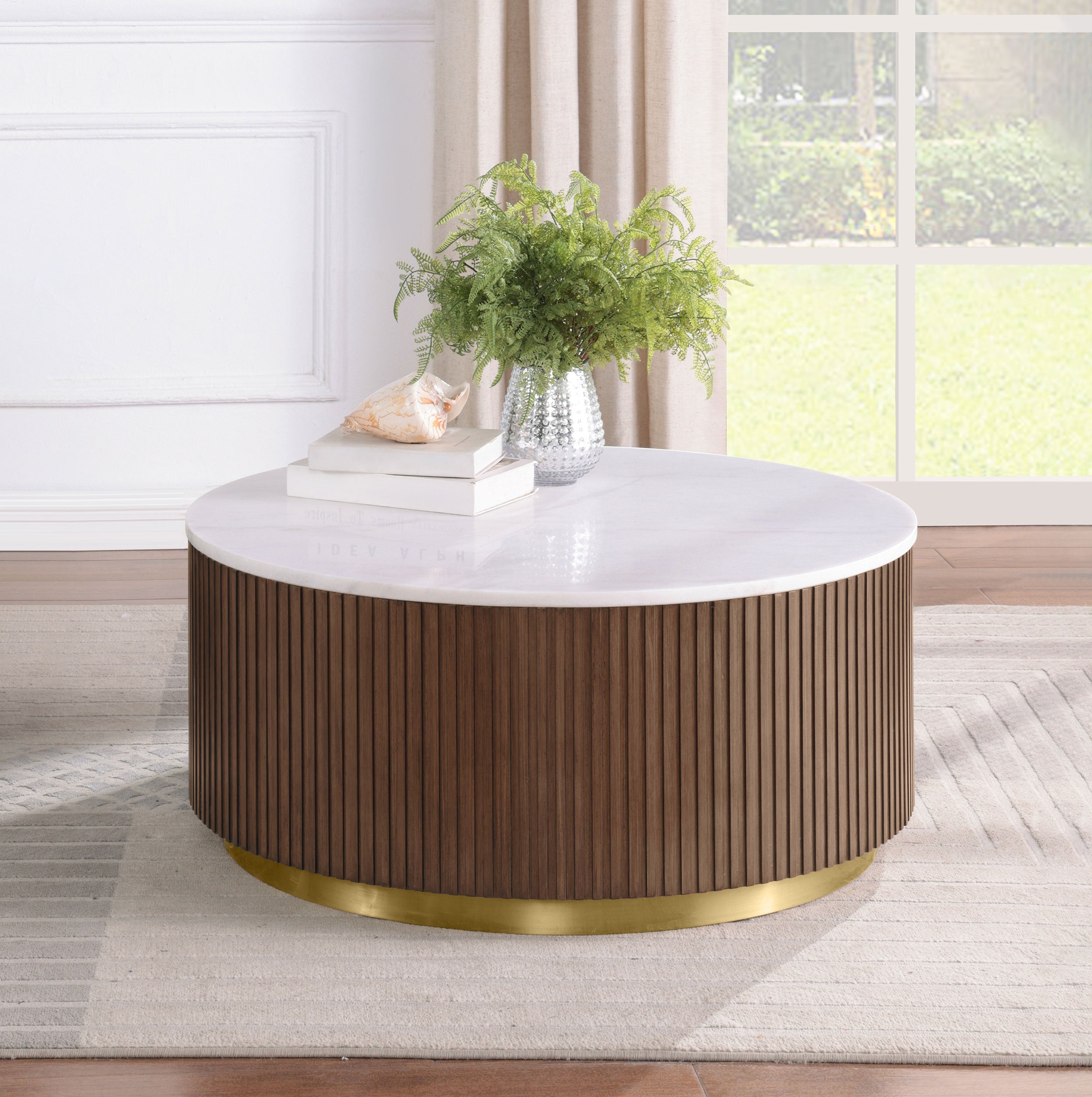 Jason Round White Marble Top Coffee Table Honey Brown