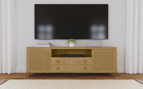 Mueble de TV de 2 puertas Arini de ratán y caña, acabado arena lavada