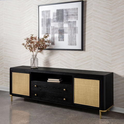 Mueble de TV Arini de ratán y caña con 2 puertas, consola multimedia negra