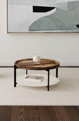 Mesa de centro Adhvik con tapa redonda de madera y estante de mármol, natural