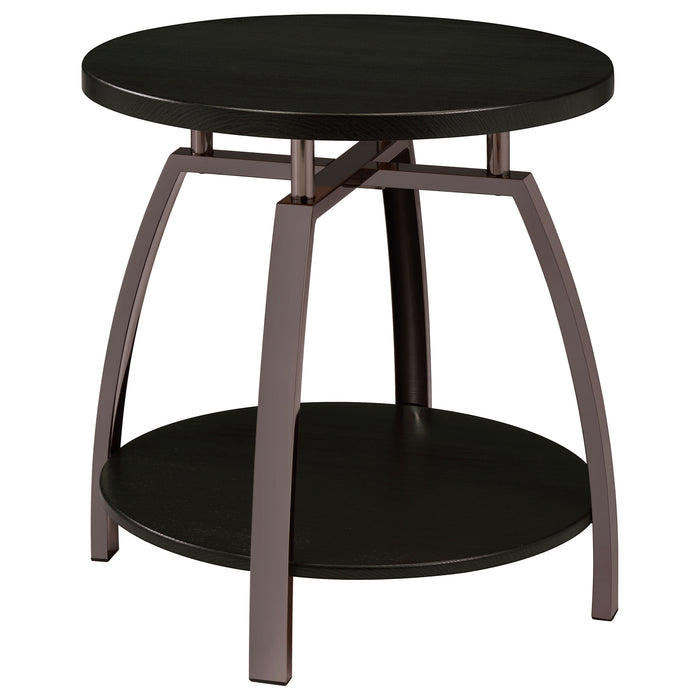 Mesa auxiliar Dacre de madera diseñada con tablero redondo, color gris carbón oscuro