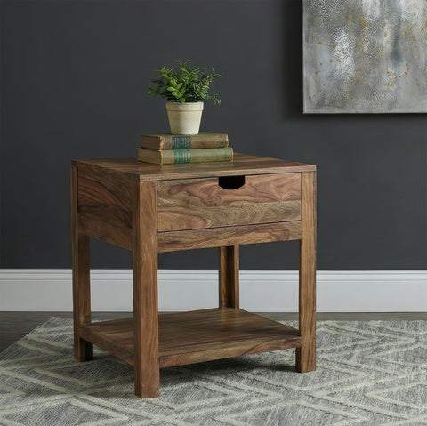 Mesa auxiliar Esther de madera maciza con 1 cajón, Sheesham natural