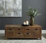 Mesa de centro Esther de madera maciza con 6 cajones, sheesham natural