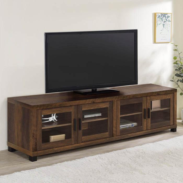 Mueble de TV Sachin de madera de ingeniería de 79 pulgadas con 4 puertas, acabado de pino envejecido