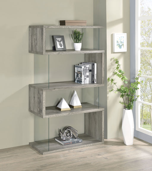 Emelle 63-inch 3-shelf Glass Panel Bookshelf Grey Driftwood