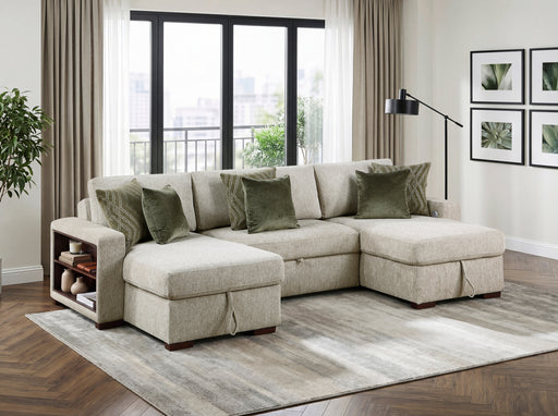 8548*4VC15ACLA2 3-Piece Sectional with Two Reversible Chaises, Pull-out Bed, Hidden Storage, Click Motion Back and Two Arms with Shelves and Charging Ports