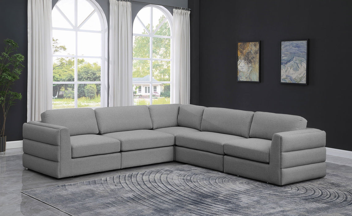 Seccional modular tapizado de tela con textura de lino Beckham de 114" de 5 piezas