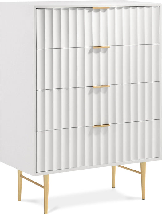 Modernist Wood Veneer And Stainless Steel Base Chest - White