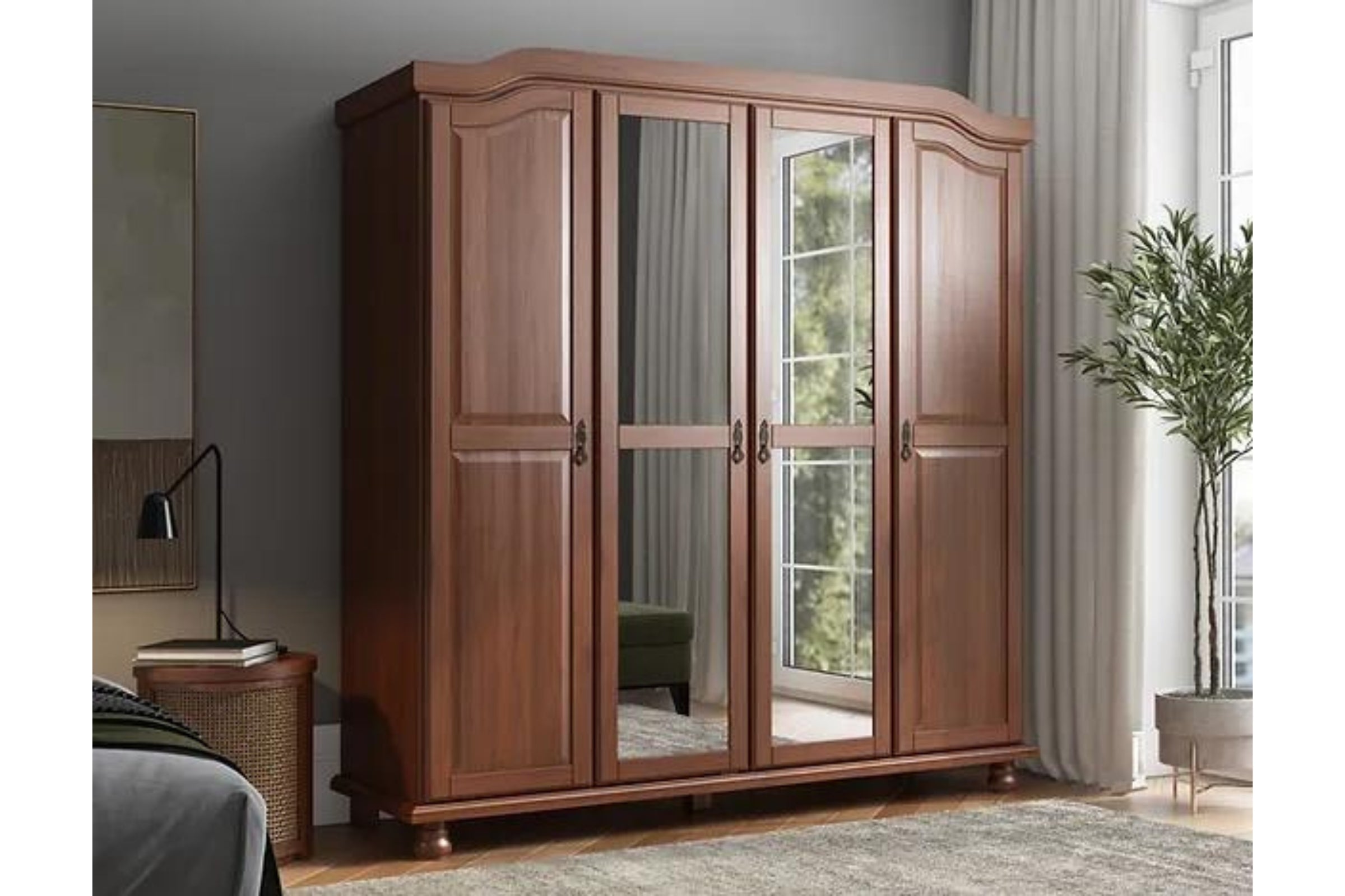 100% Solid Wood Kyle 4-Door Wardrobe with Mirrors With Optional Shelves