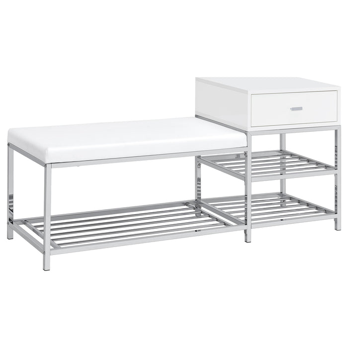 Siega 1-Drawer Shoe Storage Entryway Bench White High Gloss and Chrome