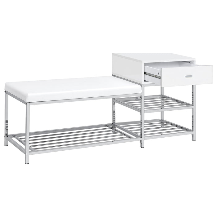Siega 1-Drawer Shoe Storage Entryway Bench White High Gloss and Chrome