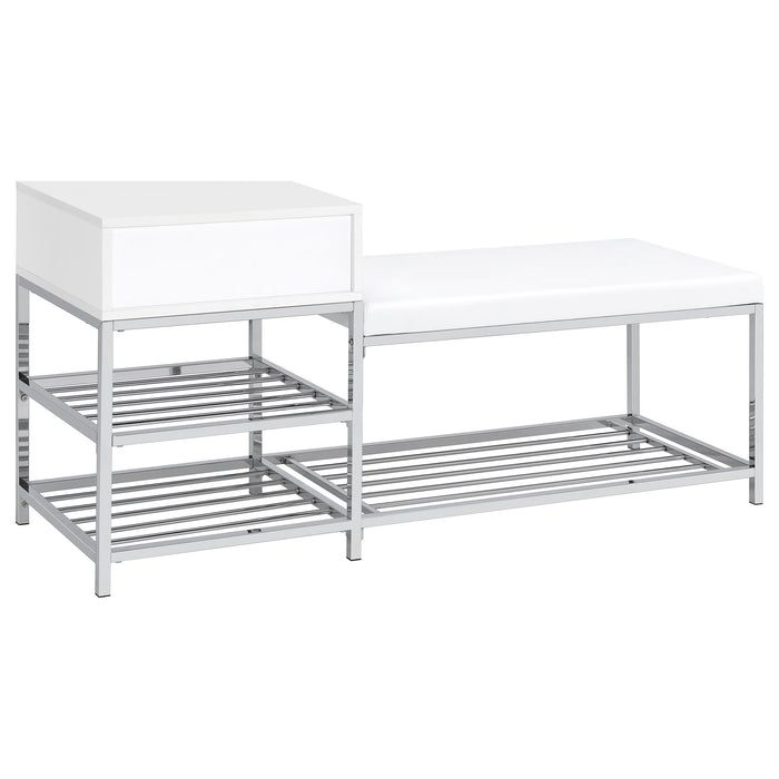 Siega 1-Drawer Shoe Storage Entryway Bench White High Gloss and Chrome