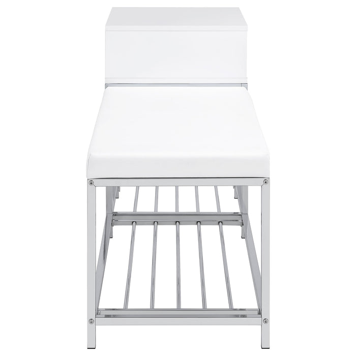 Siega 1-Drawer Shoe Storage Entryway Bench White High Gloss and Chrome