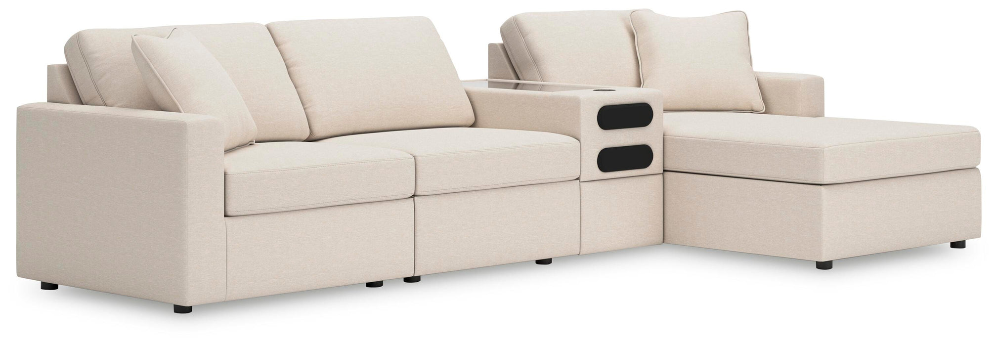 Modmax 4-Piece Sectional with Chaise - RAF Corner Chaise, Armless Chair, Console with Audio System, LAF Corner Chair