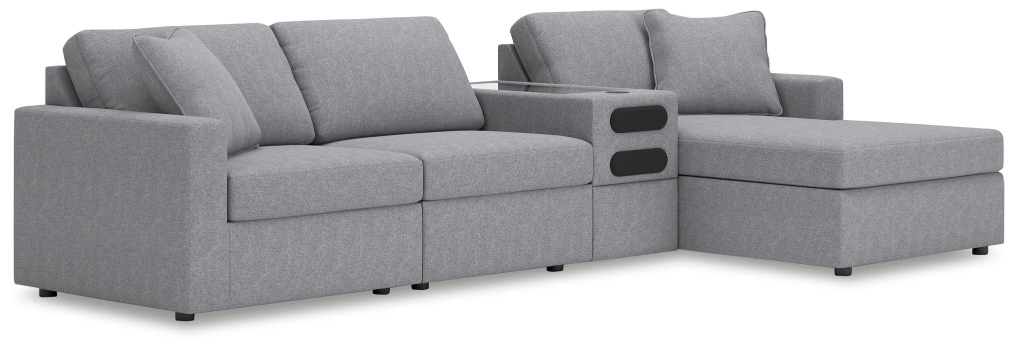 Modmax 4-Piece Sectional with Chaise - RAF Corner Chaise, Armless Chair, Console with Audio System, LAF Corner Chair