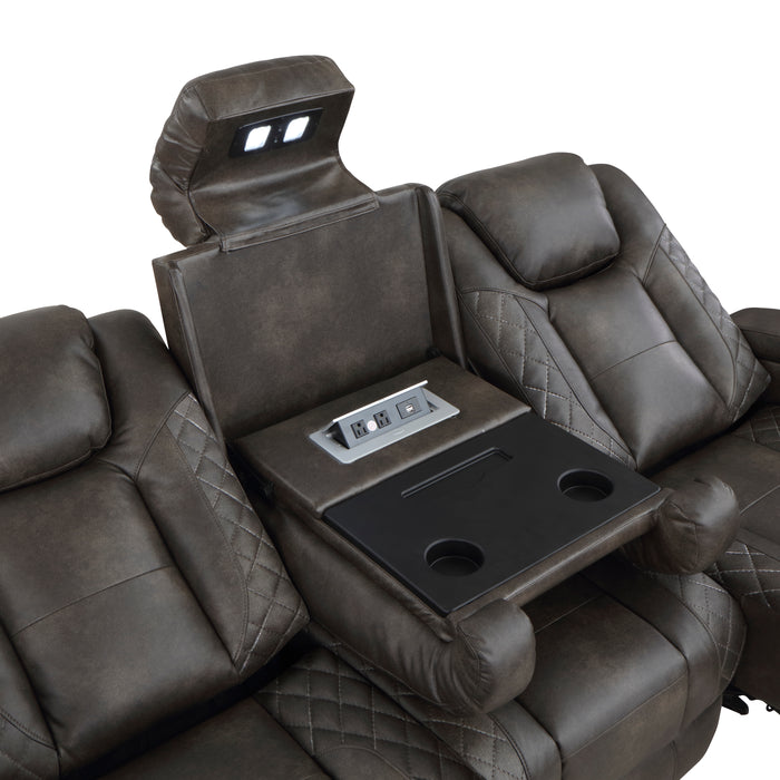 Tabor Power Double Reclining Sofa with Center Drop-Down Cup Holders, Power Headrests, Storage Arms and Cup holders