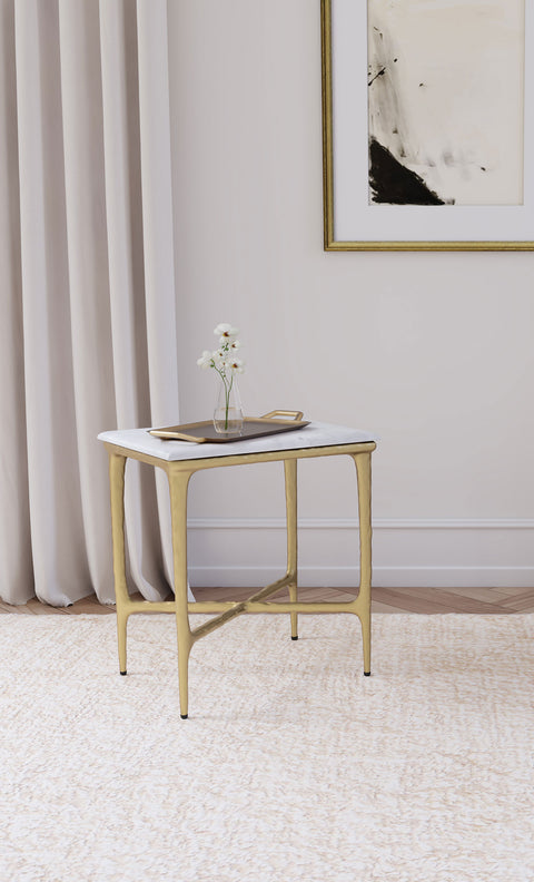 Mesa auxiliar rectangular Baldwin con tapa de mármol blanca y dorada