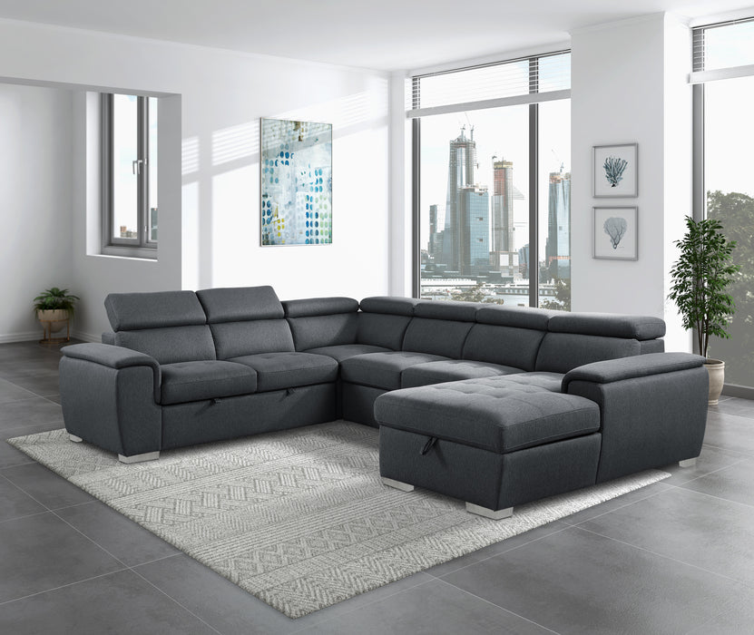 Berel (4)4-Piece Sectional with Adjustable Headrests, Pull-out Bed and Right Chaise with Hidden Storage