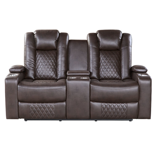 Caelan Power Double Reclining Love Seat with Center Console, Power Headrests, Storage Arms and Cup holders