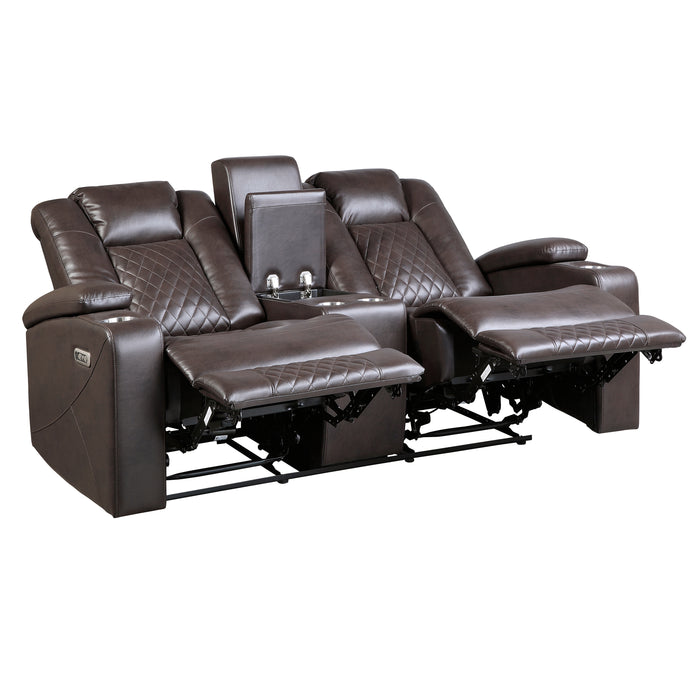 Caelan Power Double Reclining Love Seat with Center Console, Power Headrests, Storage Arms and Cup holders