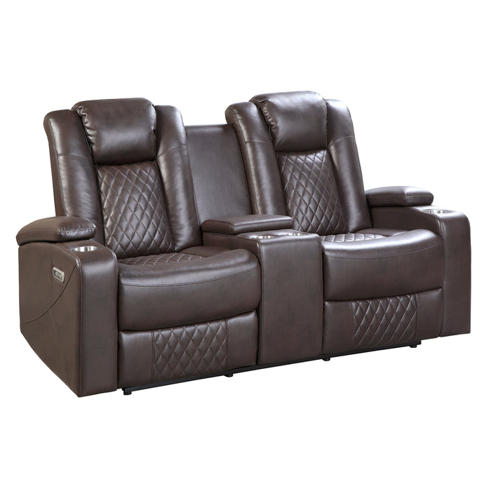 Caelan Power Double Reclining Love Seat with Center Console, Power Headrests, Storage Arms and Cup holders