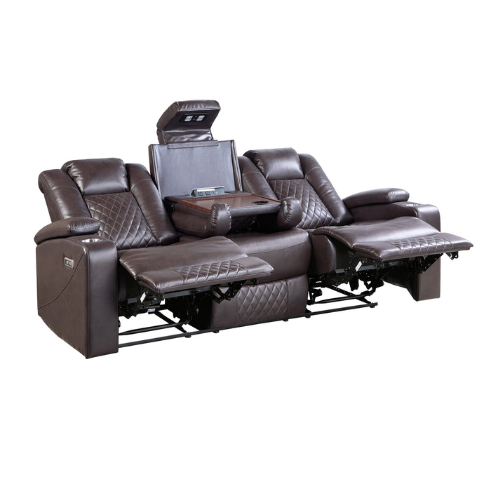 Caelan Power Double Reclining Sofa with Center Drop-Down Cup Holders, Power Headrests, Storage Arms, Cup holders and Reading Lights