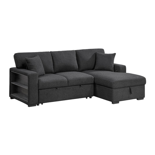 Pompano Sectional with Right Chaise, Pull-out Bed, Hidden Storage and Shelves, Charging Ports (9630BK*22LRC)