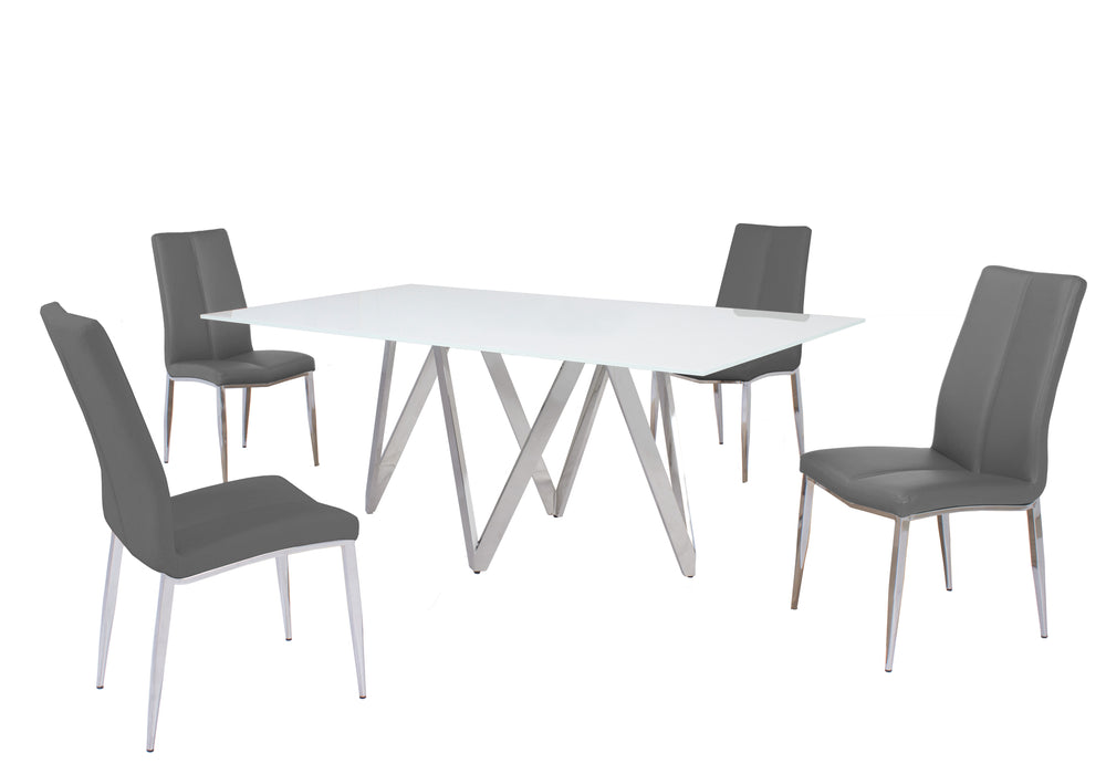 Modern Dining Set w/ White Glass Table & 4 Chairs ABIGAIL-5PC-GRY