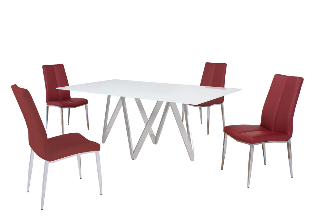 Modern Dining Set w/ White Glass Table & 4 Chairs ABIGAIL-5PC-RED